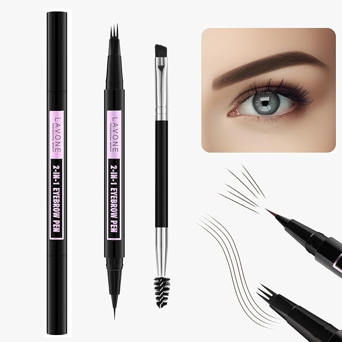 LAVONE Eyebrow Pencil, 2-In-1 Waterproof Eyebrow Pen, with 3 Tip Microblading Eyebrow Pen and Ultra-Precise Brow Pencil, Dual-ended Eyebrow Brush, for Eyebrow Makeup - Brunette