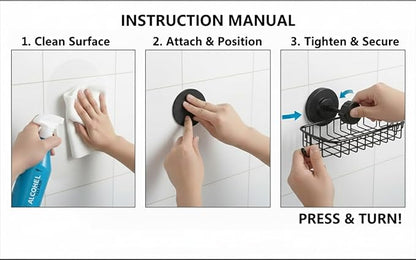Soap Dish for Shower Suction Cup Powerful Vacuum System Rustproof 304 Stainless Steel Basket Sponges Holder with Razor Hooks for Bathroom or Kitchen Soap Holder (Black)