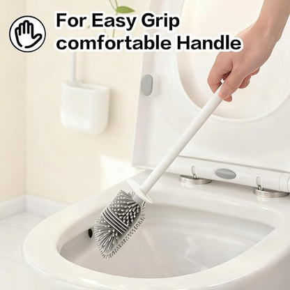 Silicone Toilet Brush Set with Corner Brush & Wall-Mounted Holder, No-Scratch Design with Drainage Holes, Adhesive Installation, White
