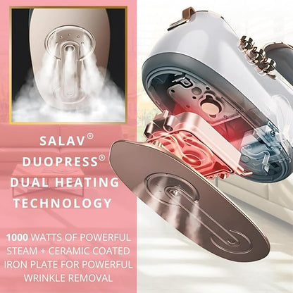 SALAV Retro Handheld Garment Steamer + Iron, Ceramic Steam Plate, 1000 watts of Steam, Removes Wrinkles on Clothes (Rose, Steamer and Iron + Fabric Shaver and Lint Roller)