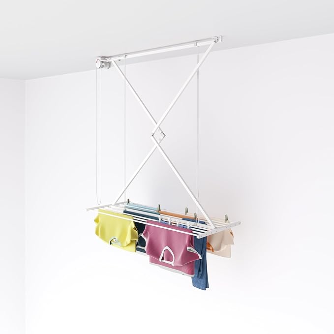 foxydry Mini, Ceiling Mounted Clothes Drying Rack, Pulley Clothesline, Vertical Folding Laundry Drying Rack 50.4x21.25x9.8 in