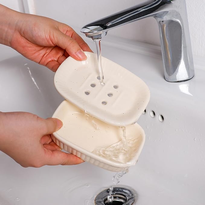 Ceramic Soap Dish, Self-draining Soap Holder, Double Layer Bar Soap Holder, Speckled Draining Soap Dishes for Bathroom Shower Kitchen, Minimalist Vintage Style, Keep Soap Dry, ANTIS'S HOME