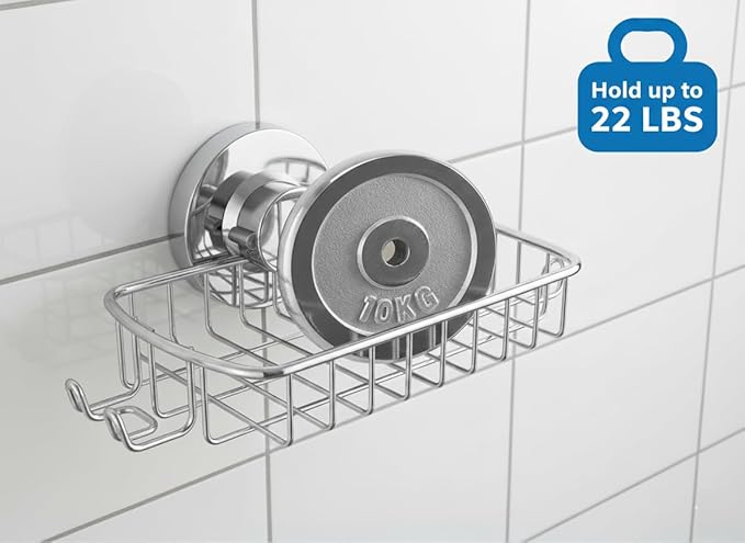Soap Dish for Shower Suction Cup Powerful Vacuum System Rustproof 304 Stainless Steel Basket Sponges Holder with Razor Hooks for Bathroom or Kitchen Soap Holder (Silver)