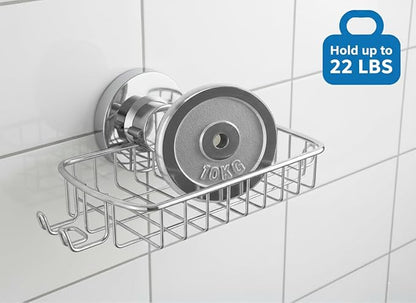 Soap Dish for Shower Suction Cup Powerful Vacuum System Rustproof 304 Stainless Steel Basket Sponges Holder with Razor Hooks for Bathroom or Kitchen Soap Holder (Silver)