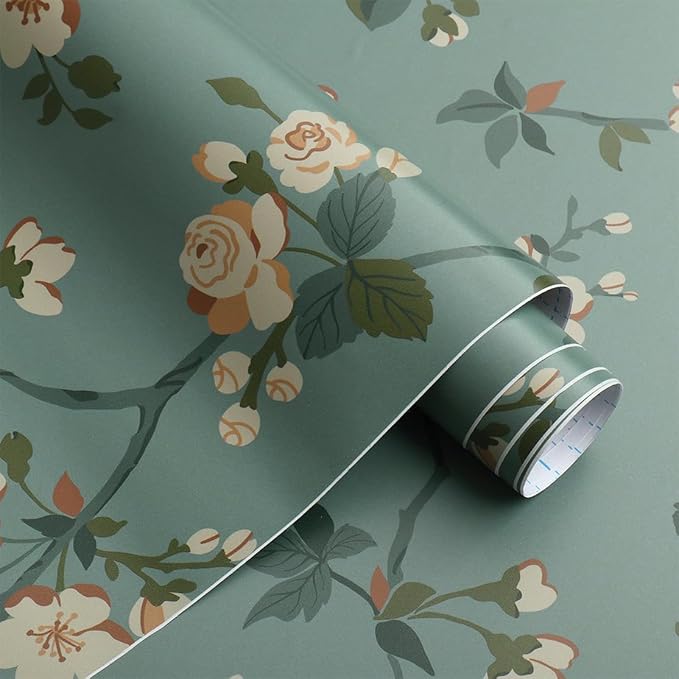 Timeet Floral Wallpaper Peel and Stick Wallpaper Boho Blue/PeachPuff/Green Retro Wall Decor Bedroom Living Room Wall Decor Self Adhesive Removable Mural 16.14in*118.11in