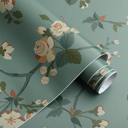 Timeet Floral Wallpaper Peel and Stick Wallpaper Boho Blue/PeachPuff/Green Retro Wall Decor Bedroom Living Room Wall Decor Self Adhesive Removable Mural 16.14in*118.11in