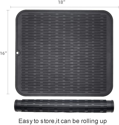ZLR 2 Pcs Large Silicone Dish Drying Mat (16" x 18") - XL Heavy Duty Drainboard Mat for Pots, Pans & Family Loads - Heat Resistant Trivet & Counter Protector, Easy Clean (Black)