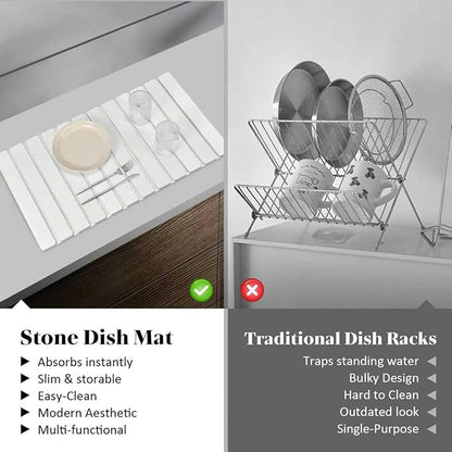 Large Stone Dish Drying Mats for Kitchen Counter, 28"(L)×16"(W), Fast Drying Collapsible Dish Drying Mat, Eco-Friendly Absorbent Diatomaceous Earth Mats for Dishes Bottles Cups, Match Any Countertop