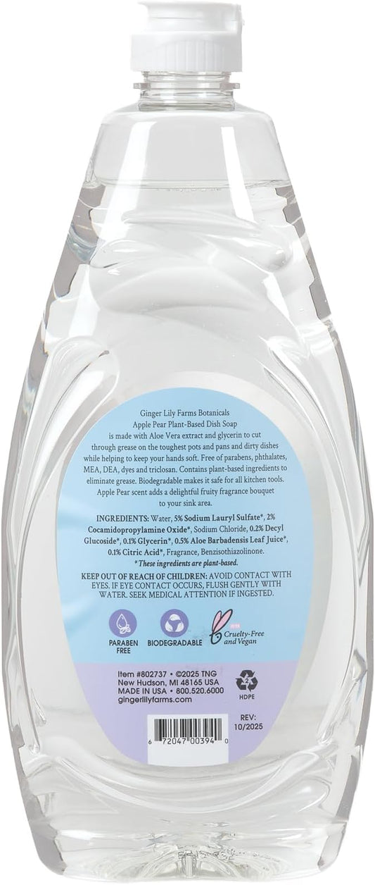 Ginger Lily Farms Botanicals Plant-Based Liquid Dish Soap, Concentrated Formula with Max Grease Cleaning Power, Cruelty-Free, Apple Pear Scent, 24 Fl Oz