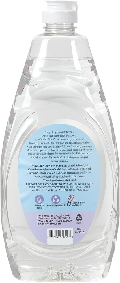 Ginger Lily Farms Botanicals Plant-Based Liquid Dish Soap, Concentrated Formula with Max Grease Cleaning Power, Cruelty-Free, Apple Pear Scent, 24 Fl Oz (Pack of 8)