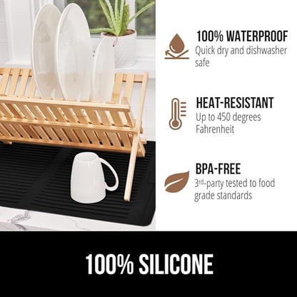 GORILLA GRIP 100% BPA-Free Patented Silicone Dish Drying Mat for Kitchen Counter, Water Catching Ribbed Design, Easy Clean Waterproof Sink Liner, Heat Resistant, Fits Under Rack, 12x16 Inch, Black