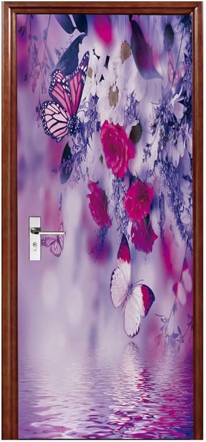 A.Monamour 3D Door Stickers for Interior Doors Red White Flowers and Butterflies Vinyl Waterproof Self Adhesive Door Mural Decals for Bedroom Office Bathroom 77x200cm