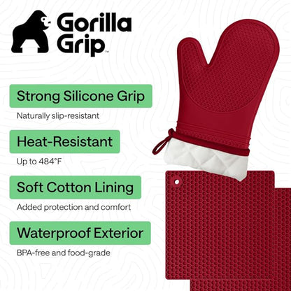 GORILLA GRIP BPA-Free Soft Silicone Oven Mitts and Pot Holders Sets of 4, Heat Resistant Waterproof Cooking Gloves, Thick Cotton Lining, Flexible Gripping for Baking Grilling, Kitchen Trivets, Red