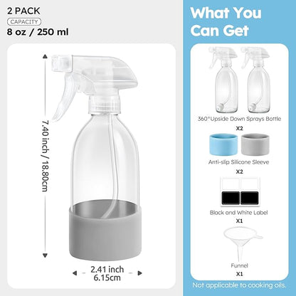 Tecohouse 2 Pack 360° Glass Spray Bottles with Silicone Sleeve, 8 oz Clear Empty Refillable Containers with Adjustable Spray Nozzles, Dark Spray Bottles for Cleaning Solutions, Plants (Blue & Grey)