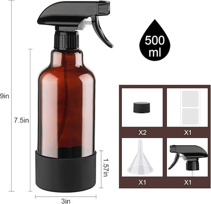 Glass Spray Bottles with Silicone Sleeve, 2 Pack 16 oz Refillable Containers with Adjustable Spray Nozzles, Empty Bottle Spray for Cleaning Solutions, Hair, Plants (Black+Green)