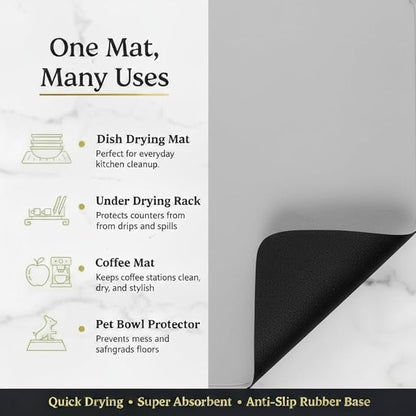Dish Drying Mat Super Absorbent – 17" x 31" Coffee Mat for Countertops – Non-Slip Drying Mat for Kitchen Counter – Easy to Clean Water Absorbent Mat – XLarge Dish Drying Mats (Lite Gray)