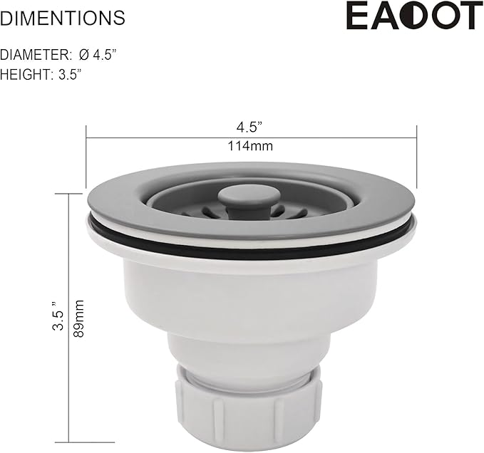 3-1/2 Inch Polymer Slate Gray Sink Drain Assembly with Basket Strainer and Stopper for Quartz, Granite or Fireclay Kitchen Sinks