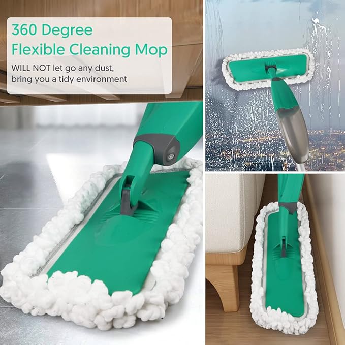 Spray Mop for Floor Cleaning, TINA&TONY Microfiber Hardwood Dry Wet Kitchen Mop with 3 Washable Pads & 635ML Refillable Bottle, Dust Mop with Sprayer for Laminate Tile Vinyl Floors, Green