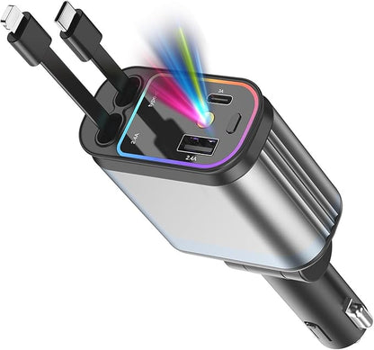 Fast Car Charger with Starlight, 4 in 1 Retractable Car Charger, 69W USB C Adapter, Cars Accessories with Starlight Roof, 2 USB Ports Phone Cars Chargers Compatible with iPhone 16 15 14 and Android
