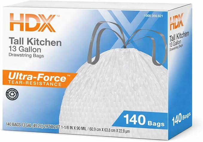 Tall Kitchen Trash Bags, 13 Gallon, Drawstring Closure, Dura-Force Tear Resistance, White, 140 Count, fresh scent