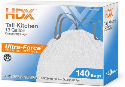 Tall Kitchen Trash Bags, 13 Gallon, Drawstring Closure, Dura-Force Tear Resistance, White, 140 Count, fresh scent