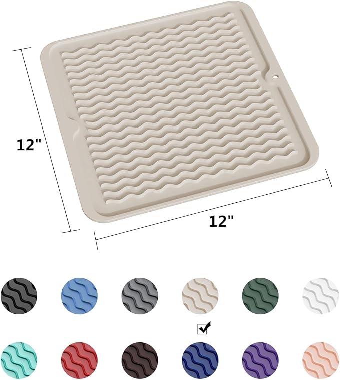 ZLR Silicone Dish Drying Mat 12" x 12" Square - Small Heat Resistant Trivet & Countertop Protector for Air Fryer, Coffee Maker - Waterproof Kitchen Drain Pad for Cups, Fruit (Cassava White)