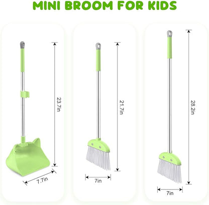 Mini Broom with Dustpan for Kids, 28-in Handle Kids Broom and Dustpan Set for Toddlers Cat-Shaped Children Broom and Cleaning Set Boys Girls Small Housekeeping Helper Set, Green