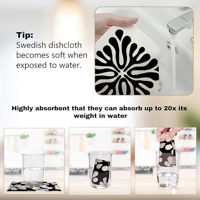 6 Pack Swedish Dishcloths, Black White Geometric Kitchen Towels Reusable Washable, Quick Drying, Dishwasher Safe for Kitchen Home Cleaning，Gifts for Women