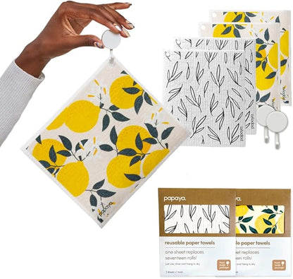 Papaya Reusable Paper Towels, Premium Swedish Dishcloths with Hook, Non-Scratch Reusable Paper Towel, 1 Sheet Replaces 17 Rolls - 4 Sheets, 2 Hooks