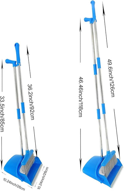 Extendable Long Handle Broom and Dustpan Set, Stainless Lightweight Upright Standing Broom and Dustpan Combo for Kitchen Lobby Office Living Room Household Indoor or Outside (Light Blue)