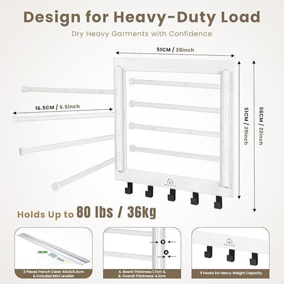 Bamboo Wall Mount Drying Rack for Laundry – Collapsible Foldable Clothes Dryer with 8 Arms & 5 Hooks, Space-Saving Laundry Hanger Dryer Rack, 20 Inch, 80 lb Capacity (White)
