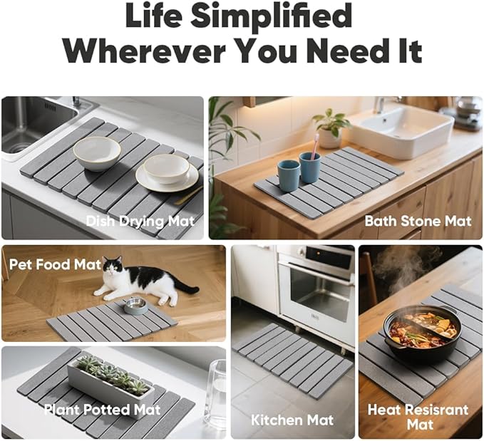 Stone Dish Drying Mat for Kitchen Counter - 24" x 16" Ultra Absorbent Diatomaceous Earth Mat, Fast Drying & Foldable Countertop Protector, Non-Slip Eco-Friendly Stone Mat for Dishes
