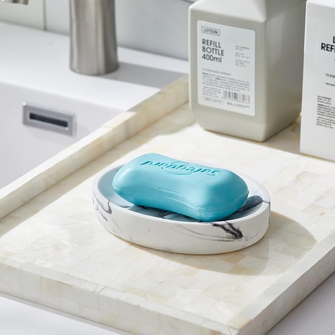 INIUNIK 2 Pack Resin Soap Dish, Marble Look Soap Holder Shower Soap Dishes for Bar Soap, Bar Soap Holder Soap Tray Soap Saver for Shower Bathroom Kitchen Sink