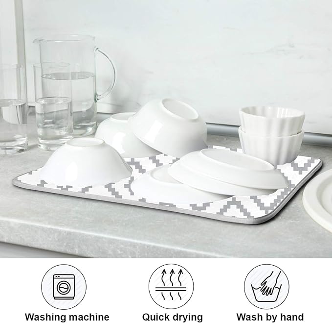 Super Absorbent Dish Drying Mat, Microfiber Fast-Drying Dish Mat, 16" x 18, Kitchen Dish Drying Pad, White Moroccan Rhombus Plaid