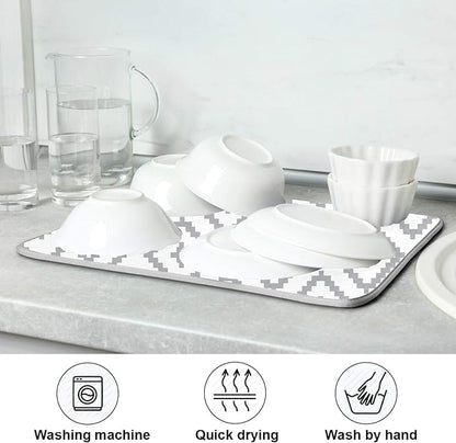 Super Absorbent Dish Drying Mat, Microfiber Fast-Drying Dish Mat, 16" x 18, Kitchen Dish Drying Pad, White Moroccan Rhombus Plaid