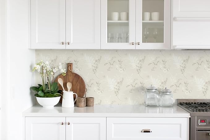 Heroad 17.3inx32.8ft Beige Wallpaper Floral Peel and Stick Wallpaper Delicate Flower Contact Paper for Cabinets Drawers Waterproof Removable Wall Paper Self Adhesive Stick on Walls Decor Vinyl Roll