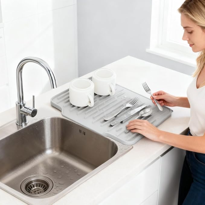 Silicone Kitchen Countertop Dish Drying Mat with Water Collection Tray Non-Slip Pad(Light Gris )