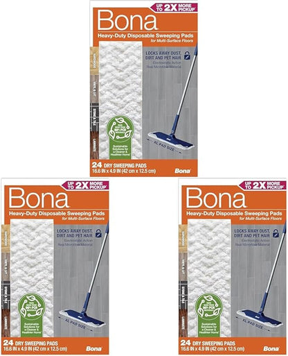 Bona Sweeping Pads for Multi-Surface Floors - Heavy-Duty & Disposable XL Microfiber Pads Sweep Away Dust, Dirt, & Pet Hair (Pack of 72)