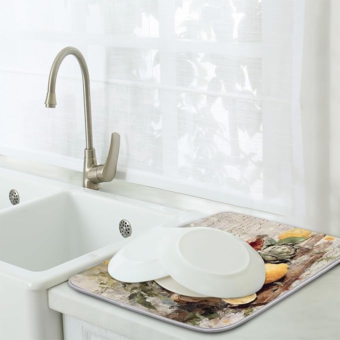 Dish Drying Mats with Hanging Loop for Kitchen Counter - Super Absorbent & Microfiber Sink Dry Mat with Vintage Lemon Paisley Floral, Non-Slip Backing, Dishes, Sink, Countertop Protection 18"x24"