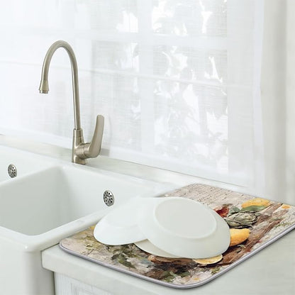 Dish Drying Mats with Hanging Loop for Kitchen Counter - Super Absorbent & Microfiber Sink Dry Mat with Vintage Lemon Paisley Floral, Non-Slip Backing, Dishes, Sink, Countertop Protection 18"x24"