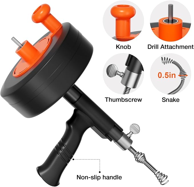 25FT Heavy Duty Drain Auger, Professional Plumbing Snake with Drill Adapter, Manual & Powered Clog Remover for Kitchen, Bathroom, Shower Sink & Bathtub, Flexible Pipe Snake Cleaner with Gloves