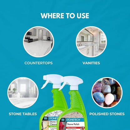 StoneTech Stone & Tile Cleaner and Stone Polish Duo – Daily Cleaner & Polish for Granite, Marble, Quartzite, Travertine – Removes Dirt & Restores Shine – 2 Microfiber Cloths – Fresh Scent