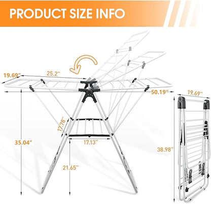 Clothes Drying Rack Foldable, Metal Laundry Drying Rack, with Height-Adjustable Wings, Space Saving, Indoor Outdoor Use, White Free-Standing Airer
