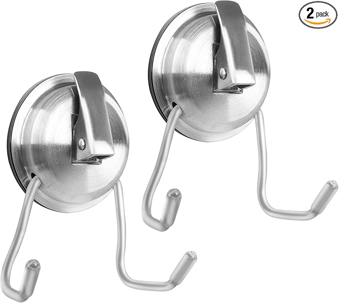 Stainless Steel Suction Cup Hooks for Shower, Bathroom, Kitchen, Glass Door, Mirror, Tile – Loofah, Towel, Coat, Bath Robe Hook Holder,(2-PCS),Brushed Silver