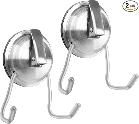 Stainless Steel Suction Cup Hooks for Shower, Bathroom, Kitchen, Glass Door, Mirror, Tile – Loofah, Towel, Coat, Bath Robe Hook Holder,(2-PCS),Brushed Silver
