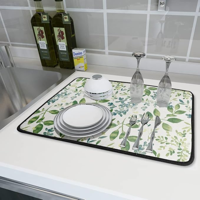 Green Leaves Branches Dish Drying Mat for Kitchen Counter 18x24 Inch Washable Microfiber Drying Mat Spring Floral Absorbent Drying Pad with Hanging Loop for Home Coffee Bar Decoration