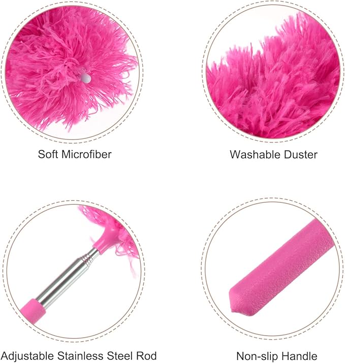 MECCANIXITY Microfiber Cleaning Duster, 12 to 31.5 Inch Washable Extendable Brush Flexible Feather Duster for Window Furniture, Rose Red