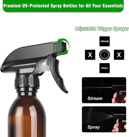 4oz Amber Glass Spray Bottles (2 Pack) - Refillable with Dropper, Funnel & 4 Labels | UV Protection for Essential Oils, Hair Care, Cleaning Solutions