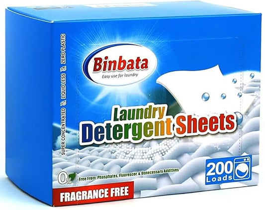 Binbata Laundry Detergent Sheets, 200 Count, Fragrance Free, Unscented, Eco-Friendly, Hypoallergenic, Biodegradable, Plastic Free, Liquidless, Suitable for Sensitive Skin