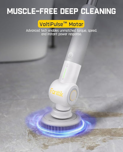Fanttik Flip G9 Pro Electric Scrubber, VoltiPulse Motor, Dual-Speed Cleaner with 6 Brush Heads, Adjustable Angle & Extendable Handle, IPX7 Waterproof, Type-C Charge for Bathroom, Tile, Grout - White